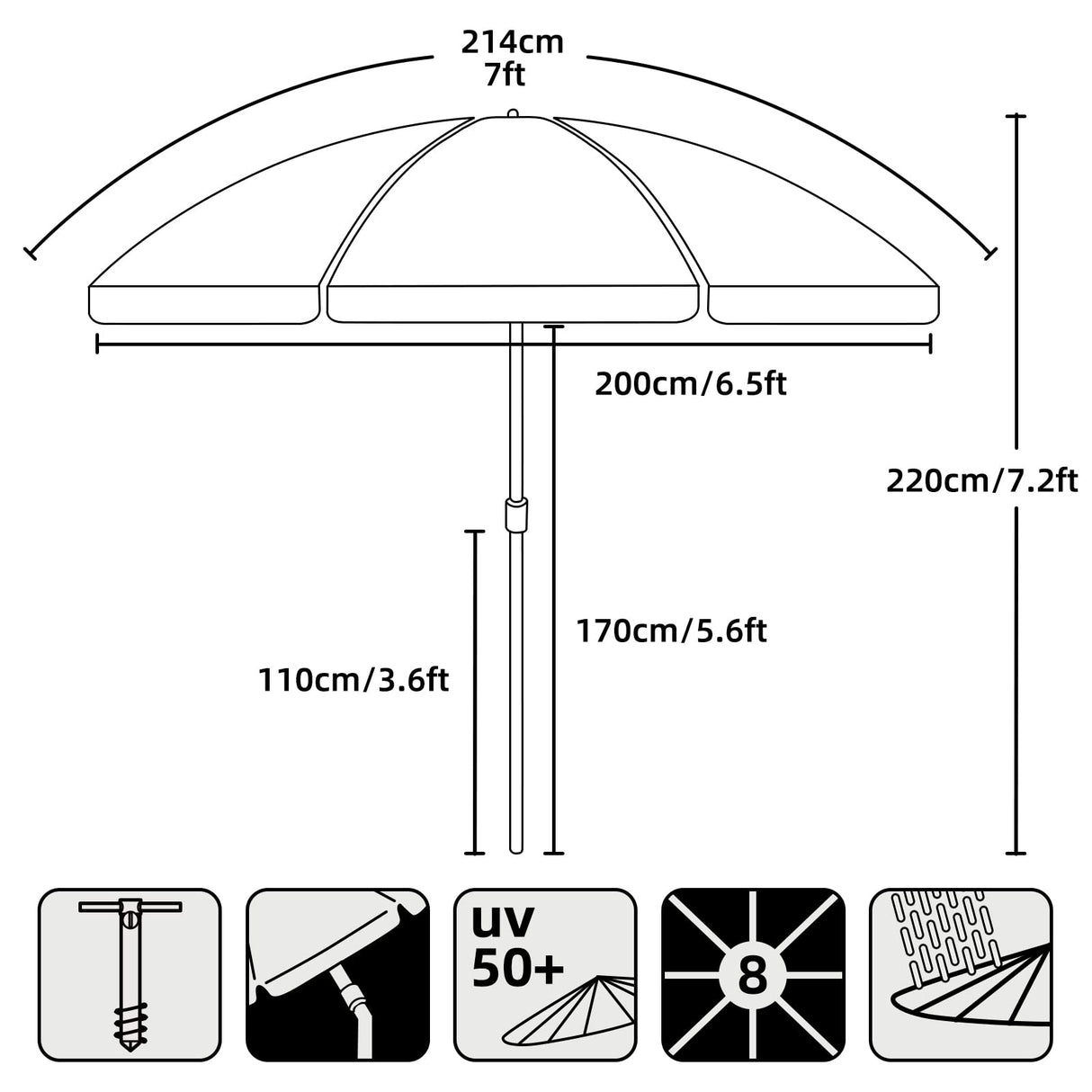 AMMSUN 7ft Heavy Duty High Wind Beach Umbrella Parasols with sand anchor & Tilt Sun Shelter, UV 50+ Protection Outdoor Sunshade Umbrellas Carry Bag for Patio Garden Pool Backyard Stripe Blue AMMSUN