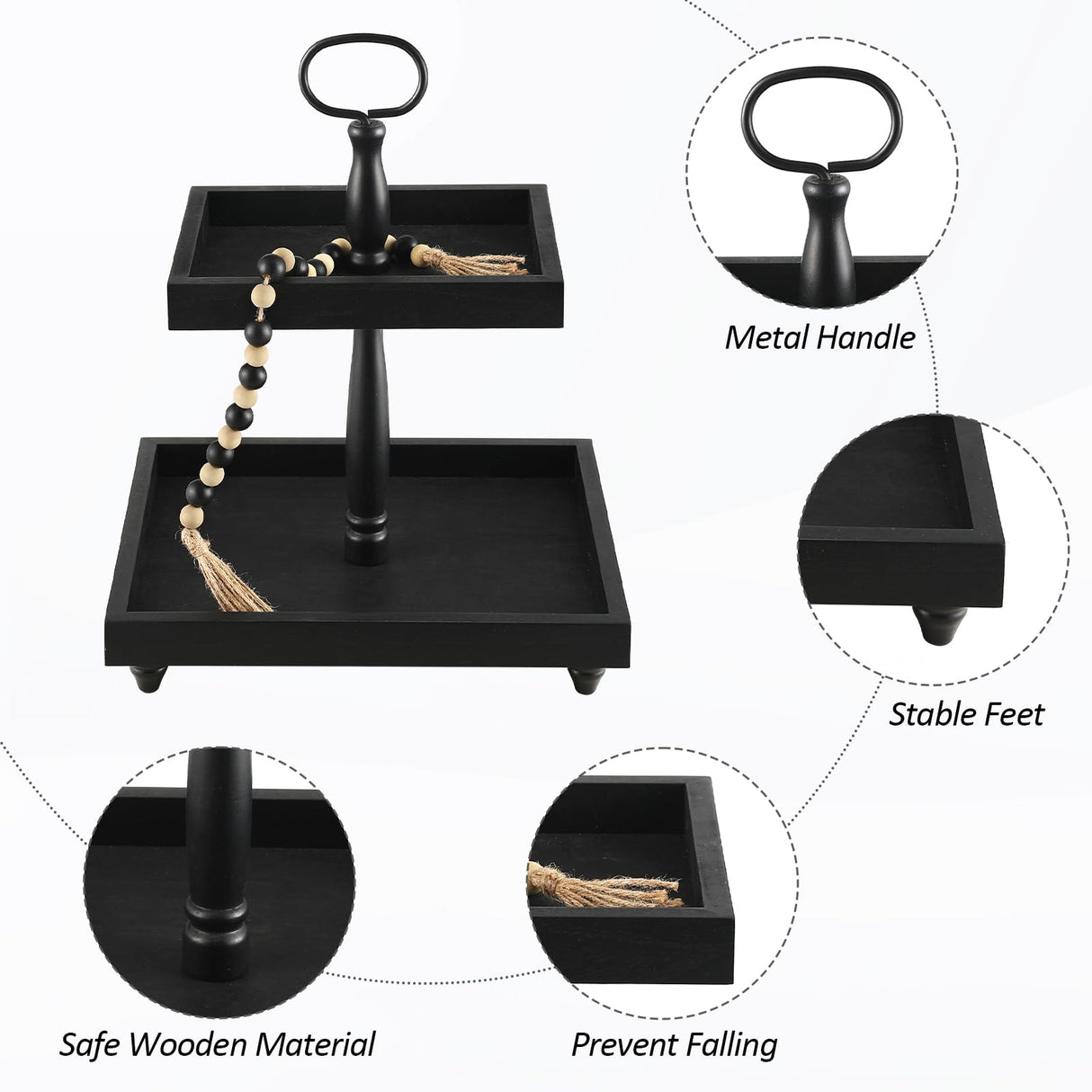 Tiered Tray Stand, Rustic Wooden 2 Tier Decorative Tray with Bead Garland, Farmhouse Square Wood Serving Tray Counter Centerpiece for Coffee Bar Home Decor Holiday Holloween Housewarming Gifts (Black) SYNCVIBE