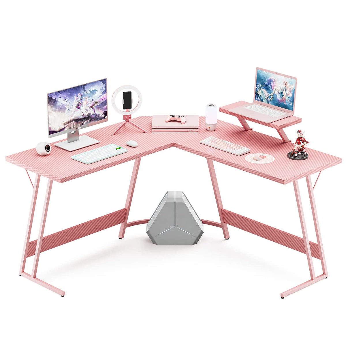 VICTONE L Shaped Gaming Desk, Corner Desk with Monitor Stand, Computer PC Table for Home Office Writing Studying Working, Space-Saving, Easy Assemble(Pink,51'') VICTONE