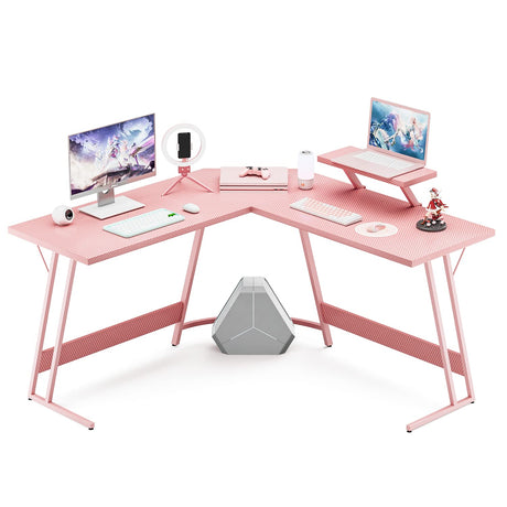 VICTONE L Shaped Gaming Desk, Corner Desk with Monitor Stand, Computer PC Table for Home Office Writing Studying Working, Space-Saving, Easy Assemble(Pink,51'') VICTONE