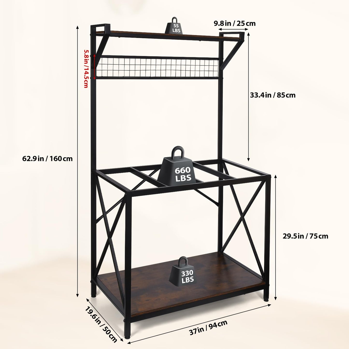 40 Gallon Fish Tank Stand, Vertical Three Tier Metal Aquarium Stand with Grid Wall Panel for Fish Tank Accessories Storage, Fits Aquarium, Turtle Tank, or Reptile Terrariums (Without Basket & Hooks)