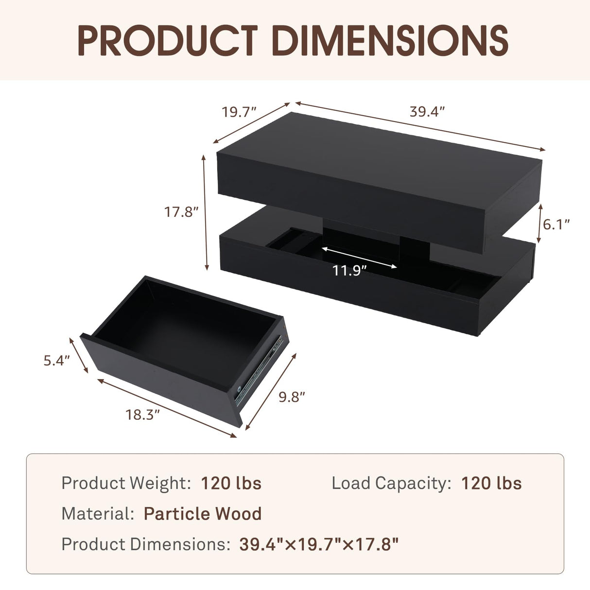 OC Orange-Casual LED Coffee Table with Storage, High Glossy Center Table with 2 Sliding Drawers, Modern Stylish Rectangle Coffee Table Double Layer with Open Display Shelf for Living Room (Black) OC Orange-Casual