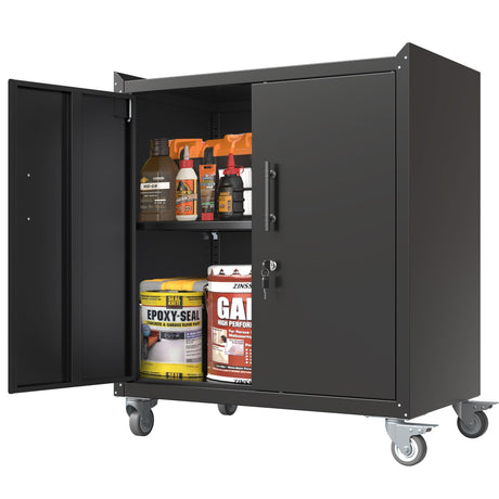 Metal Storage Cabinet, Adjustable Metal Cabinet with Wheels, Sturdy Garage Storage Cabinets for 1000LBS, Storage Cabinet with Lock and Door, Black, for Offices Garage Storeroom and Basement Metallitrend