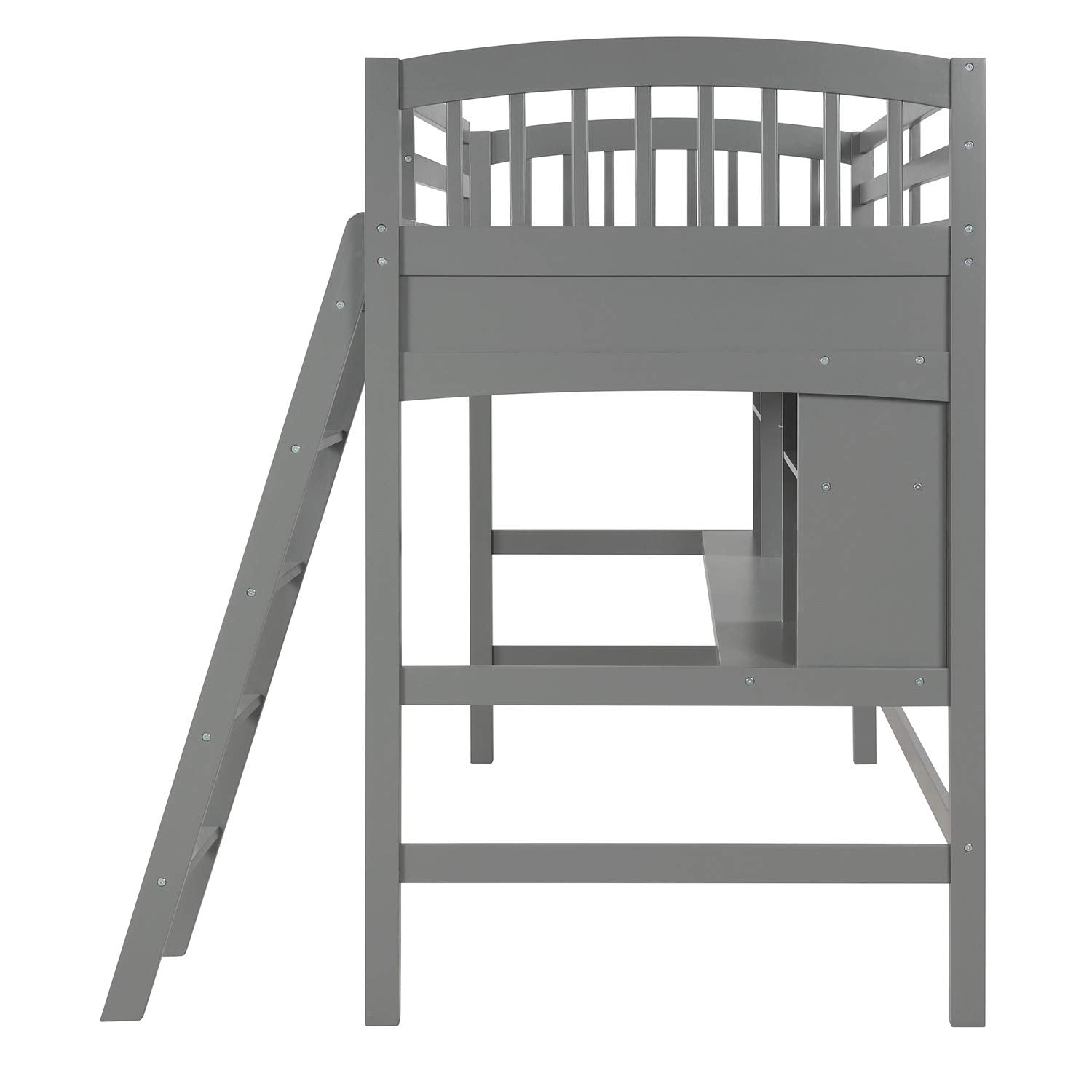 Merax Twin Size Grey Loft Bed with Desk and Shelves - Solid Pine Wood Frame - WoodArtSupply