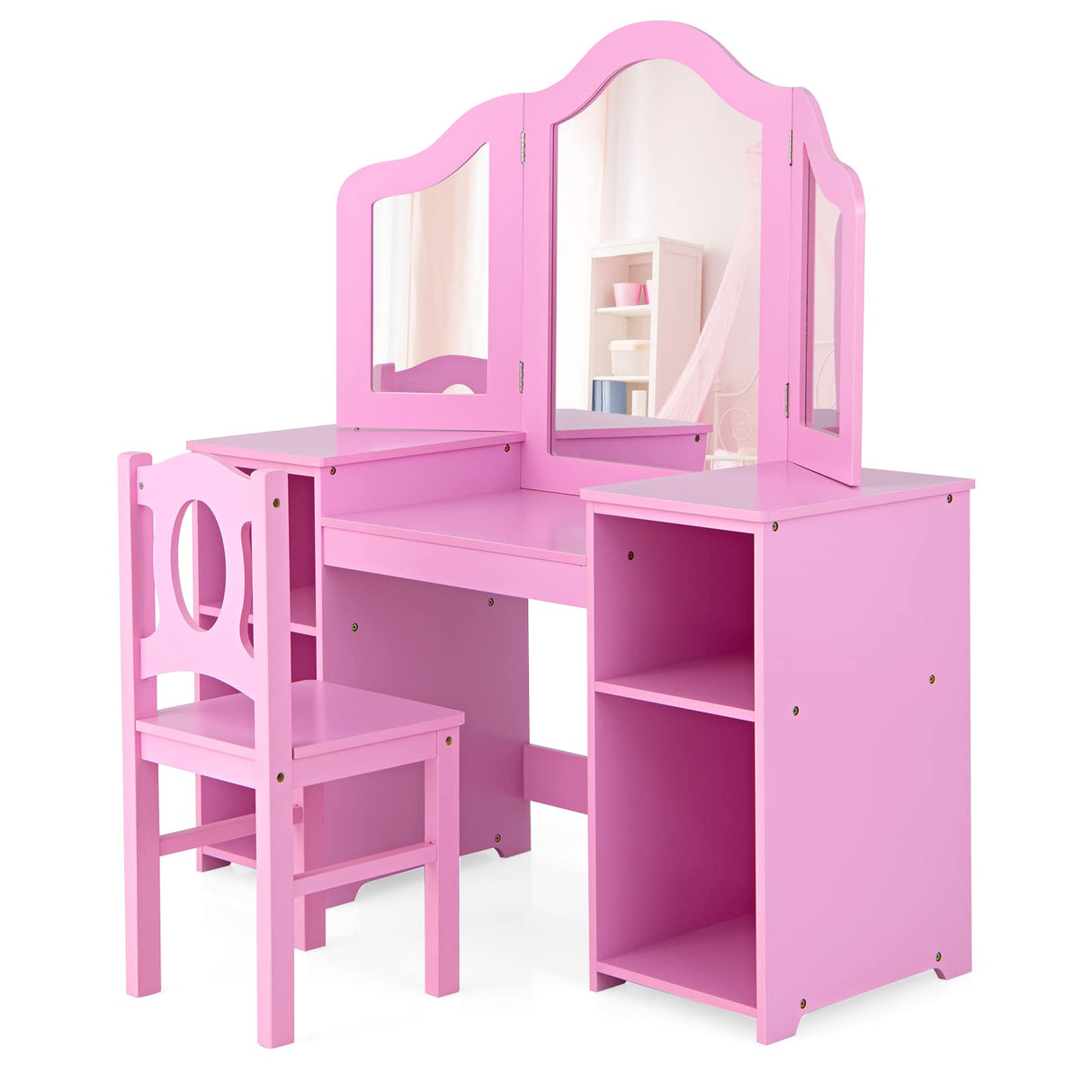 INFANS Kids Vanity, 2 in 1 Princess Makeup Desk & Chair Set with Tri-Folding Detachable Mirror, Large Storage Shelves, Wooden Pretend Play Dressing INFANS