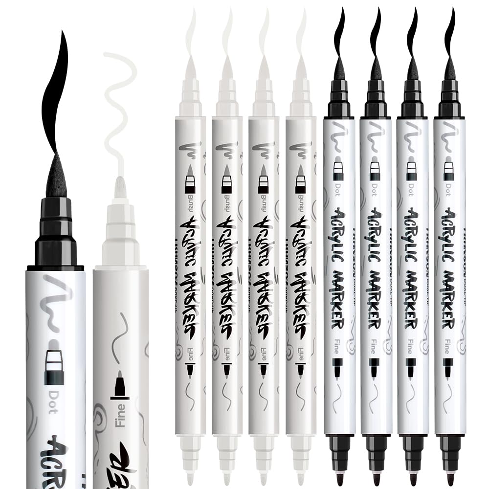 TRANSON 4 Black and 4 White Paint Pens Brush and Fine Dual-tip Acrylic Paint Marker Set for Rock Painting Glass Canvas Wood Leather Ceramic Painting TRANSON