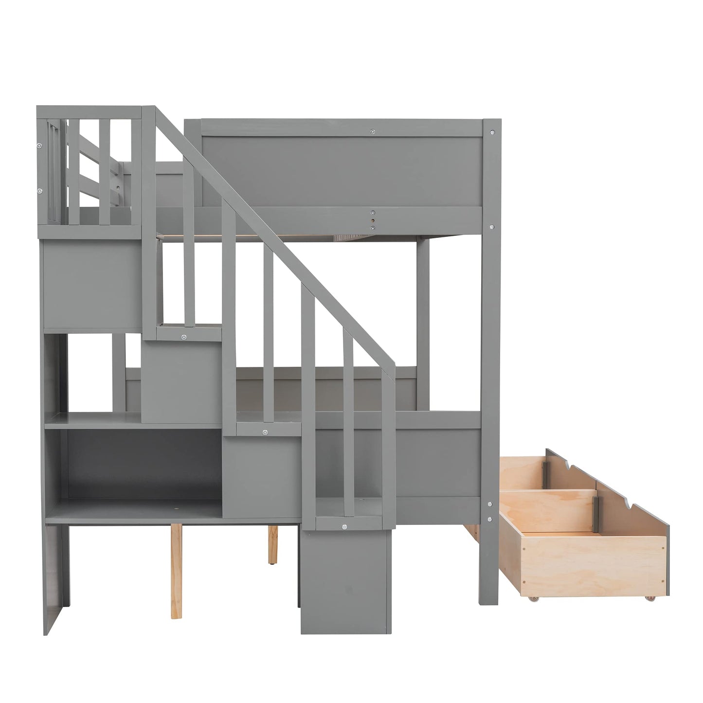 Harper & Bright Designs Grey Twin Over Full Bunk Bed with Stairs and Storage Solutions