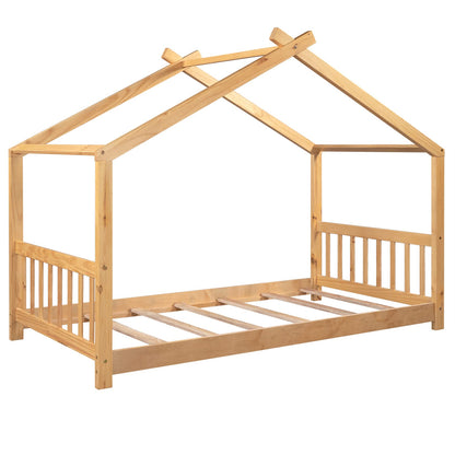 Montessori House Bed Frame in Natural Wood for Kids - Twin Size with Headboard & Footboard - WoodArtSupply