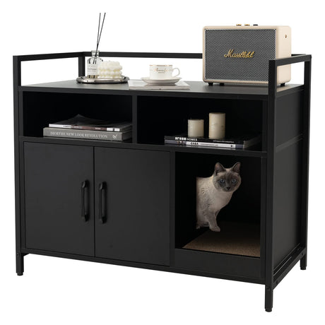 Giantex Cat Litter Box Enclosure - Cat Washroom Hidden Furniture with Front Entry, Cat Scratcher, 2-Door Storage Cabinet, 2 Compartments, Air Vents, Metal Frame, Wooden Pet Crate House (Black) Giantex