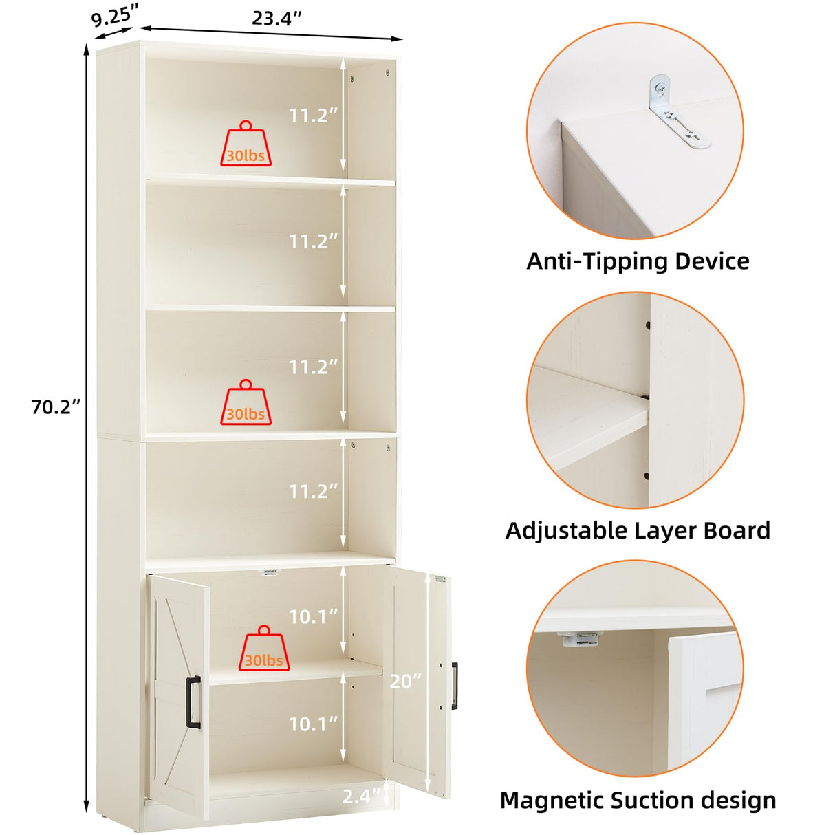 RWYHG 70in Tall Bookshelf 6 Tier Bookcase with Barn Doors and Adjustable Shelf, White Farmhouse Book Shelves with Storage Cabinet RWYHG