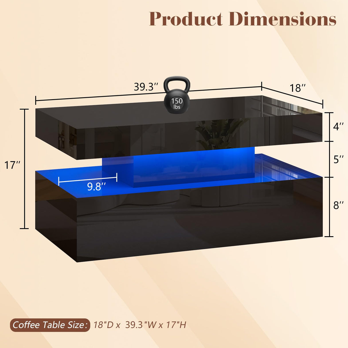 LUXOAK Coffee Table with LED Light, Modern High Gloss Finish Center Table with 2-Tier Storage Space, Minimalist Coffee Table for Living Room, Office, Black LUXOAK