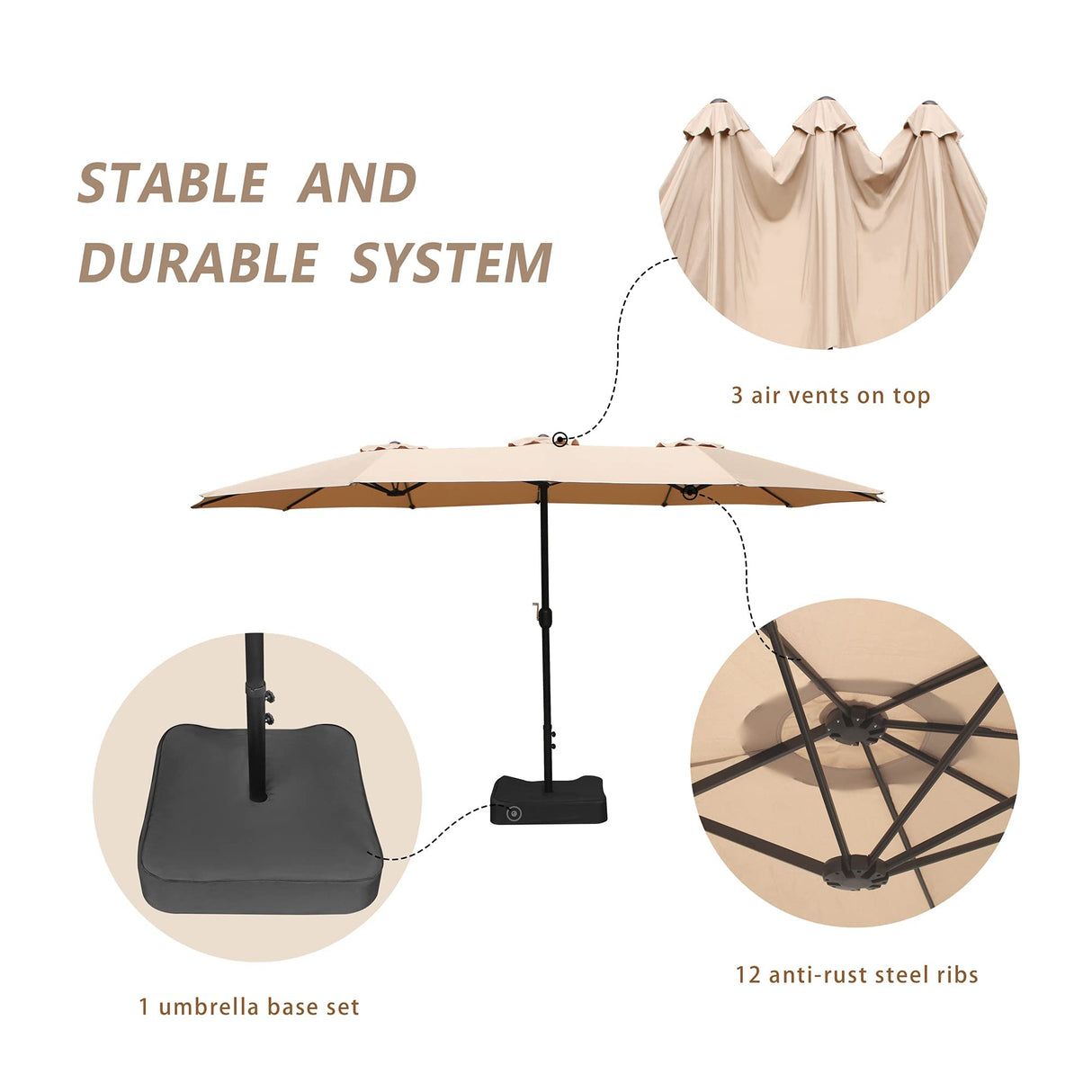 Bigroof 15ft x 9ft Patio Double-Sided Umbrella with Base & Crank, Extra Large Rectangular Outdoor Umbrella for Patio, poolside Lawn & Garden, Beige Bigroof