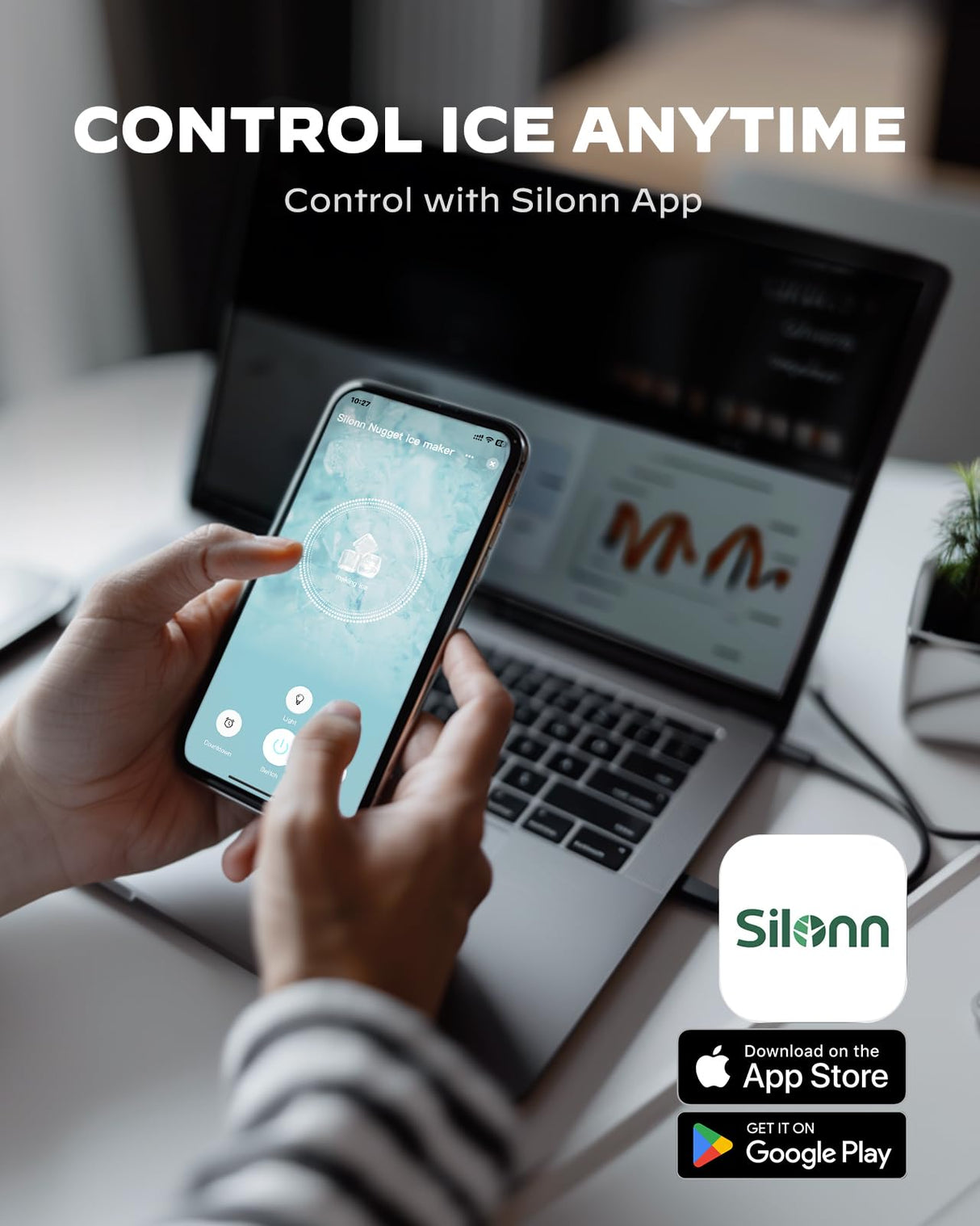 Nugget Ice Maker Countertop - Silonn Smart Pebble Ice Machine, Pellet Ice 44 lbs per Day, Crushed Ice from Timer Function and Status Alerts with Silonn App, Stainless Steel Silonn