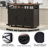 46.5'' Farmhouse Kitchen Island with Drape of Beads, Power Outlet, Rolling Kitchen Cart on Wheels with Drop Leaf, 3 Doors , 3 Drawers and Internal Iron Shelf, for Kitchen, Dining Room, Black HomeGearTech