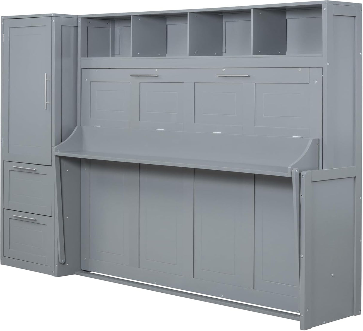 MERITLINE Queen Murphy Bed with Wardrobe Closet,2 Drawer,4 Storage Open Shelves,Wood Folding Murphy Wall Bed Cabinet (Grey) MERITLINE