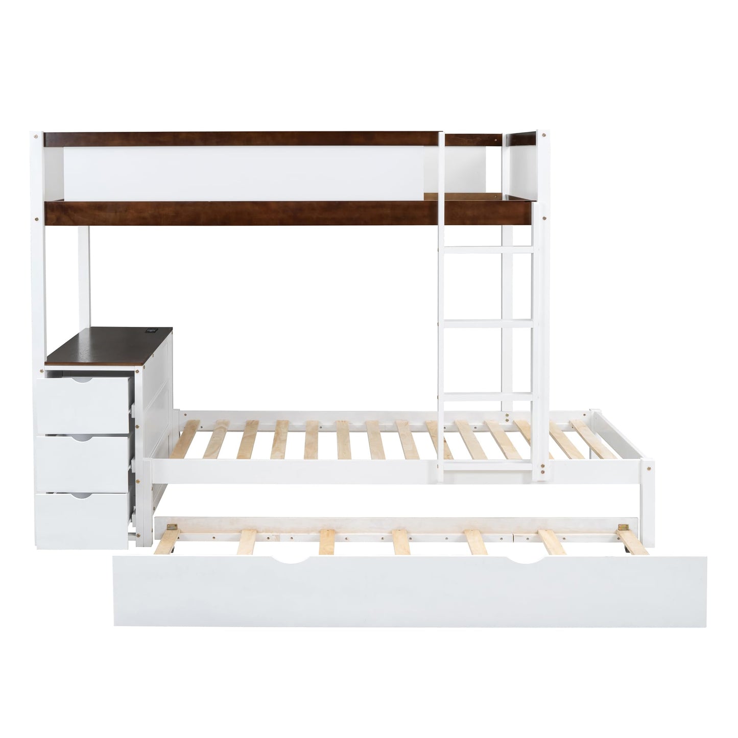 Harper & Bright Designs Twin Over Twin Bunk Bed Twin Size Trundle, Wood Twin Bunk Bed with USB Ports, Storage and Desk, White+Walnut