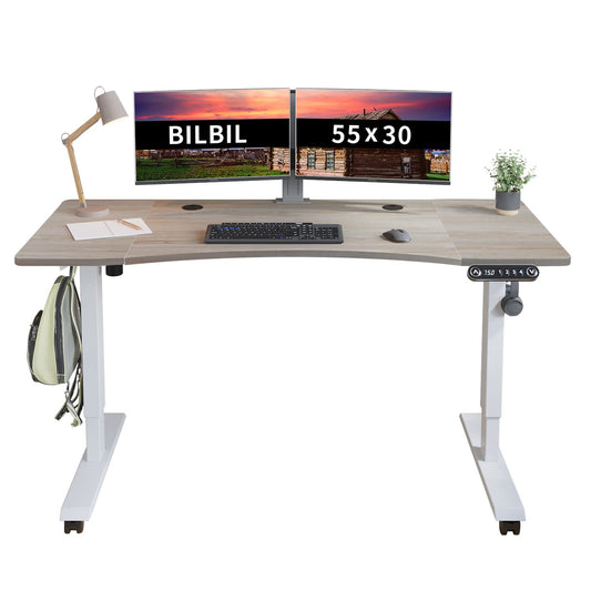 bilbil Electric Standing Desk 55 x 30 Inches, Height Adjustable Sit Stand Desk with Splice Board, Casters with Brake, White Frame/Oak and White Top - WoodArtSupply