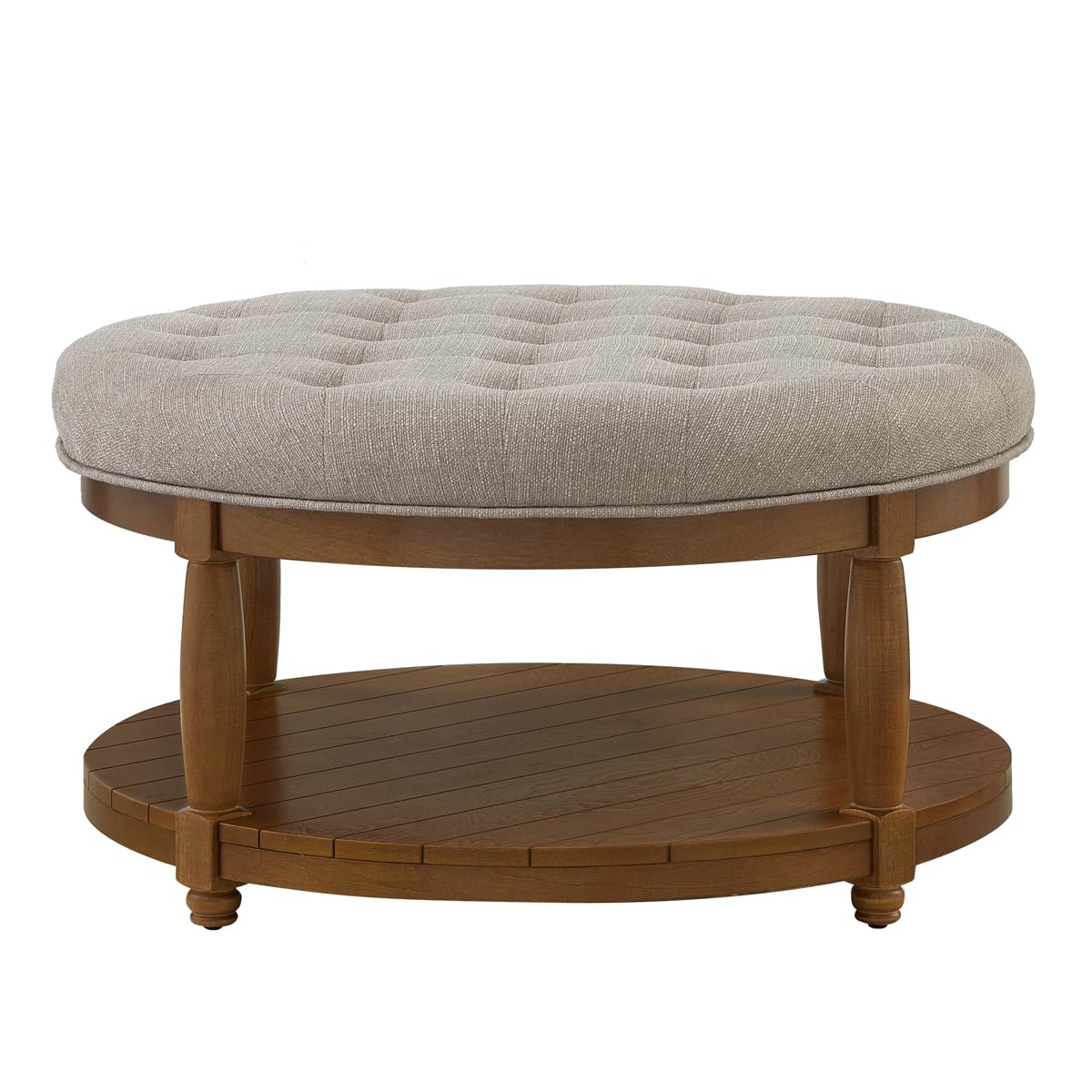 24KF Upholstered Round Coffee Table with Wooden Shelf, Tufted Button Large Round Ottoman with Spindle Wooden Legs, Linen Large Footrest Ottoman Pouf for Living Room, Linen 24KF