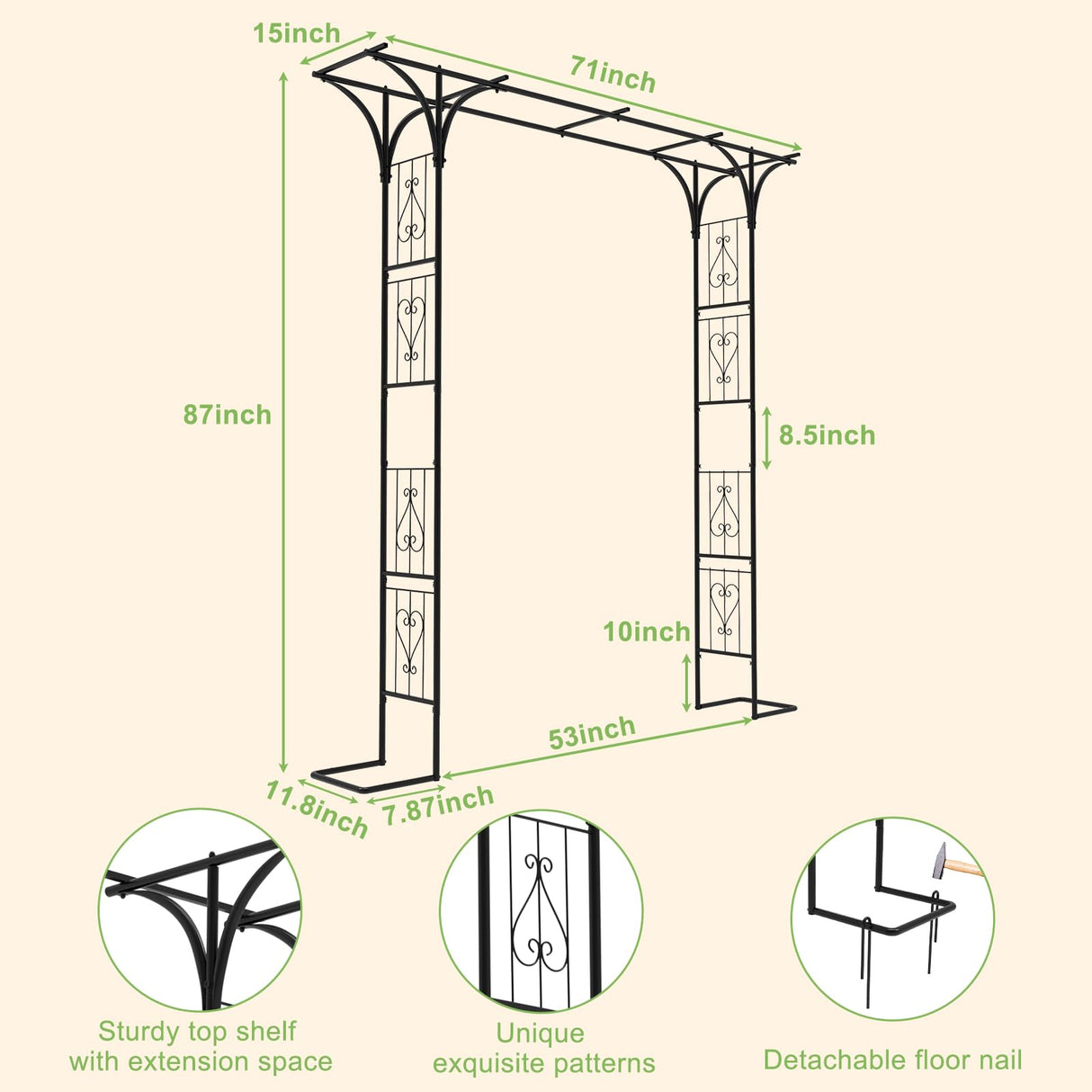 OUSHENG 7FT Garden Arch Arbor with Ground Stakes, Steel Frame Stand Trellis for Climbing Plants, Outdoor Archway Gate for Wedding Ceremony Decoration Party Vines Lawn Courtyard Patio Backyard OUSHENG