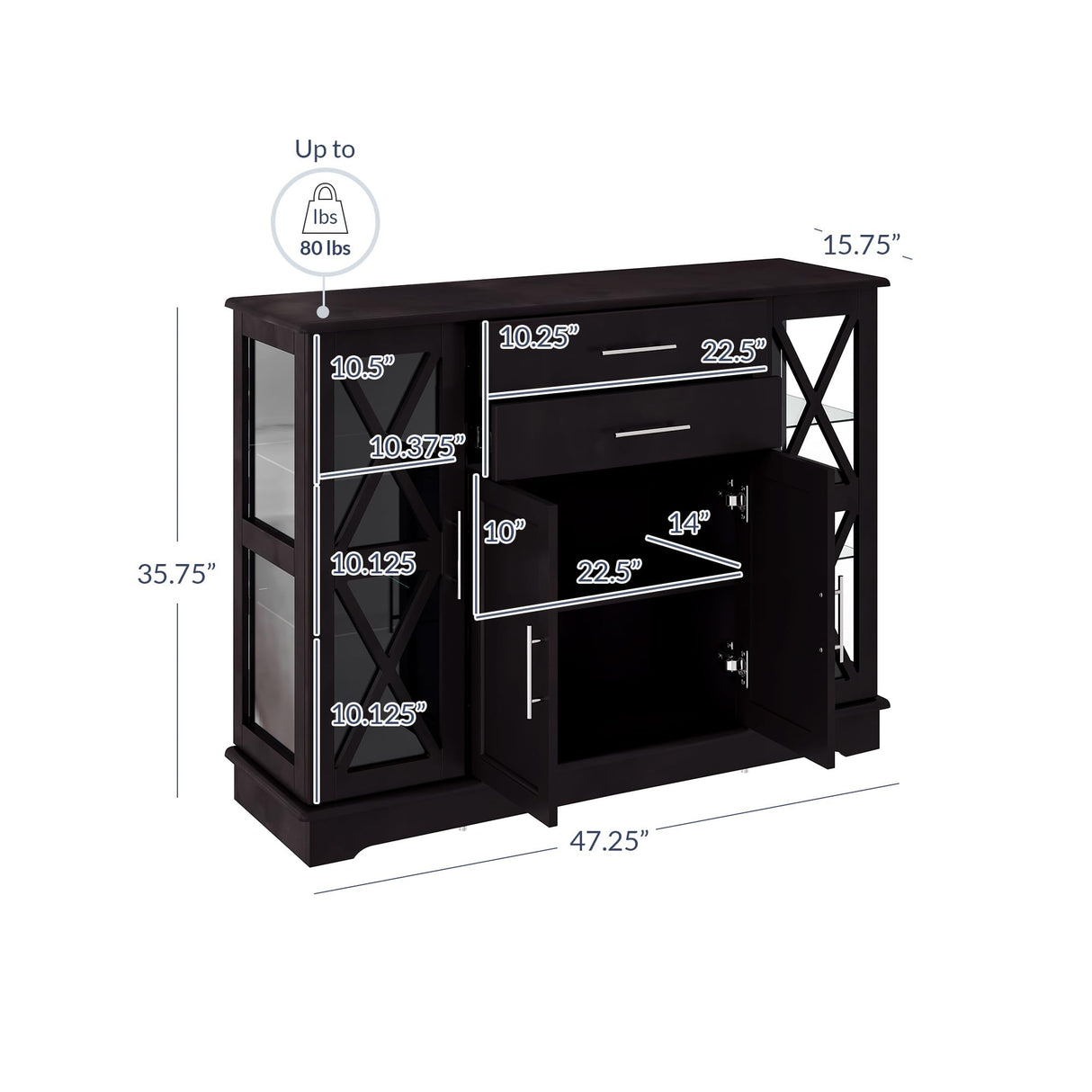 BELLEZE 017-HG-40007-ESP Sideboard Buffet, 47 Inch Storage Console Table Coffee Bar Kitchen Cupboard Pantry Glass Display Cabinet for Lving Entryway Dining Room,Espresso BELLEZE