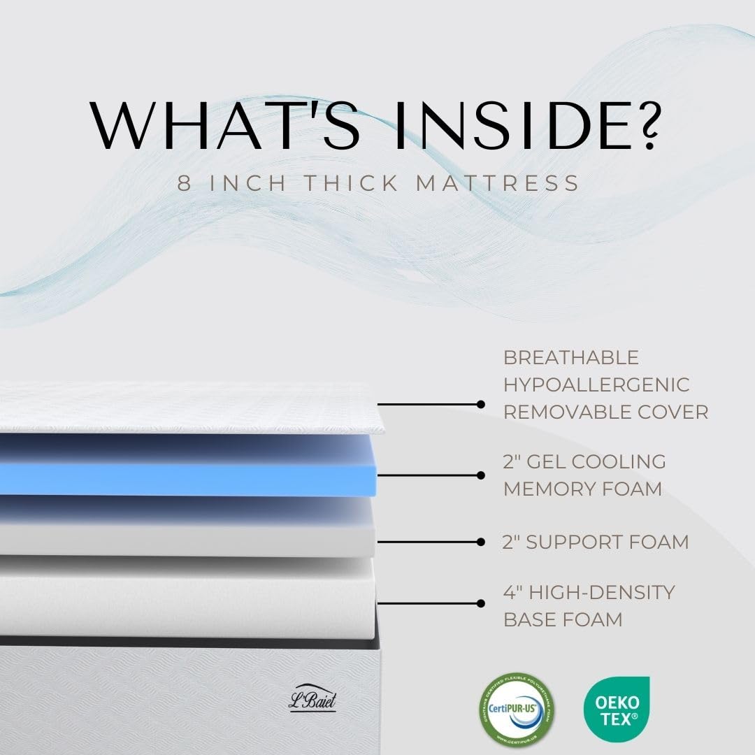 L’Baiet 8” Gel Memory Foam Mattress, King Size/Bed in a Box/Medium Firm/Breathable Cooling-Gel Comfort Technology/Pressure Relief/Comfy Support/Soft Fabric Cover/CertiPUR-US Certified L'Baiet