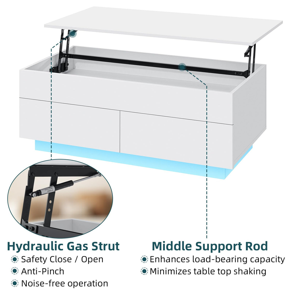 LED Coffee Table for Living Room Lift Top Coffee Tables with Storage Morden High Gloss 4 Tiers Black Tea White Center Tables Sofa Hidden Compartment & 2 Drawers HOMMPA