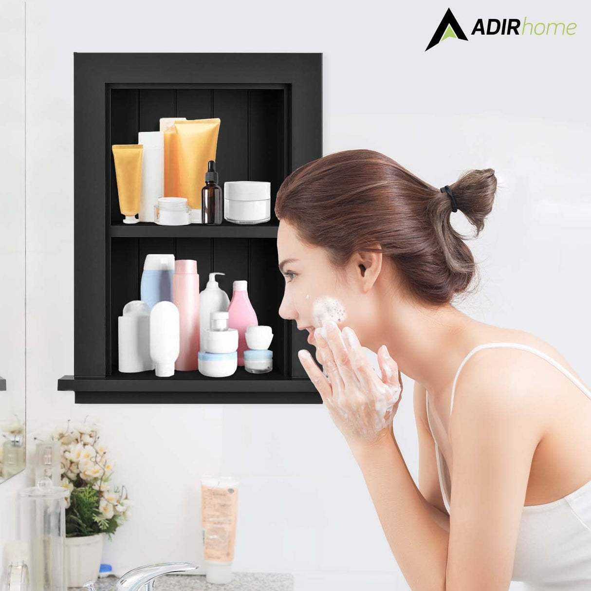 AdirHome Recessed Wall Mount Storage Cabinet – Sturdy Fully Assembled Wooden Utility Storage Shelf – Ideal for Home Kitchen, Bathroom, Laundry, Medicine Cabinet (Black) AdirHome