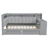 MaiDeHaoo Full Size Daybed with Storage Shelves and Upholstered Headboard, Corner Bed Frame with L-Shaped Bookcase, Drawers and Charging Station, Captains Bedframe with LED Light and Backrest, Grey MaiDeHaoo