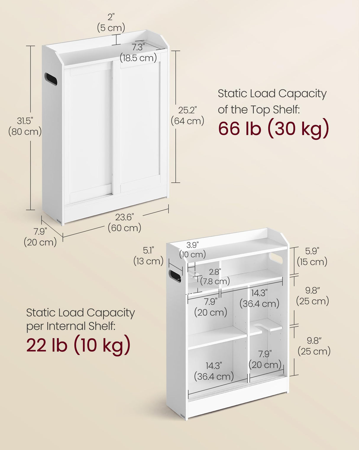 VASAGLE Bathroom Cabinet, Slim Bathroom Storage Cabinet, Toilet Paper Holder and Brush Compartment, Sliding Doors, Adjustable Shelves, Next to Toilet, 7.9 x 23.6 x 31.5 Inches, Cloud White UBBC752W01 VASAGLE