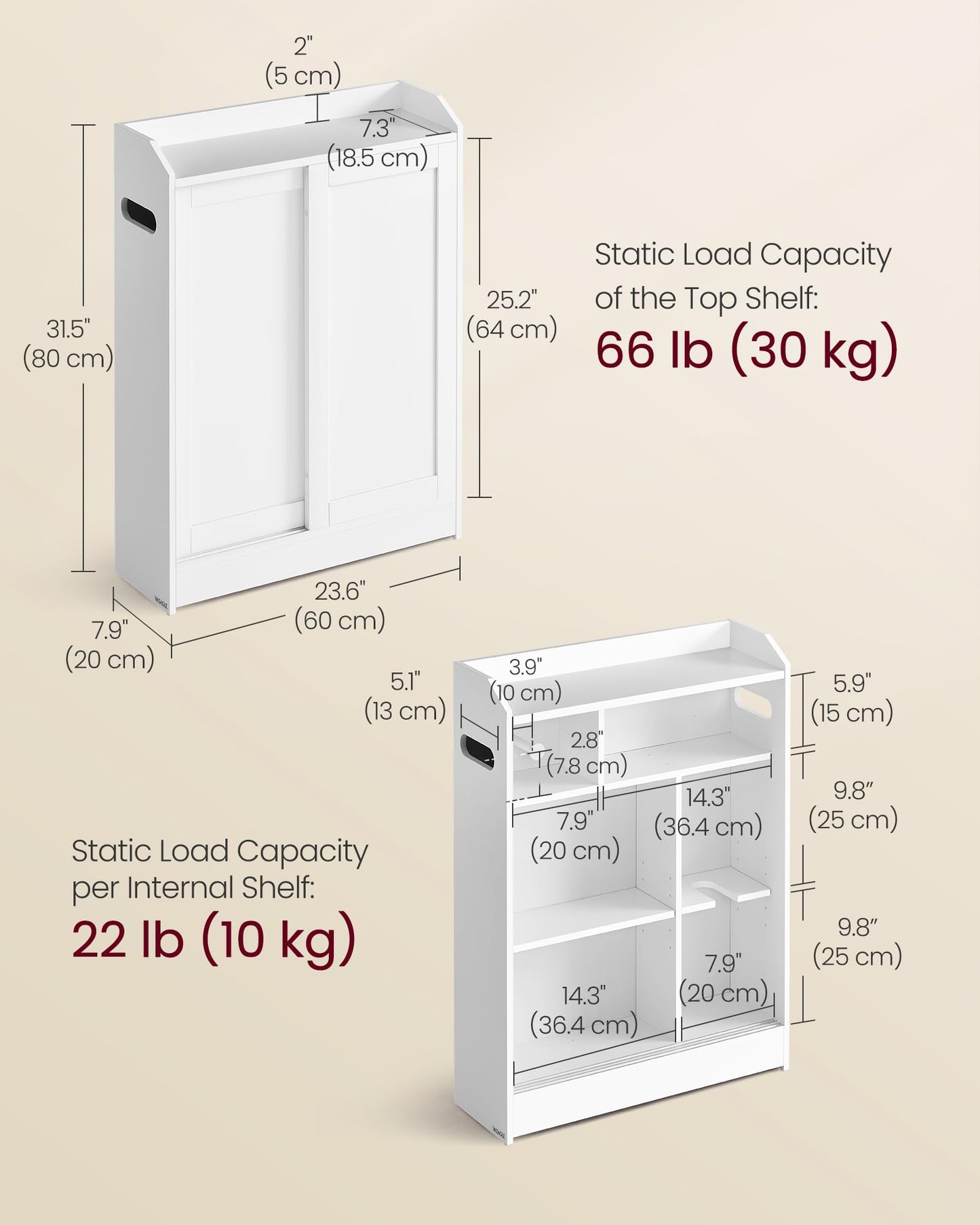 VASAGLE Bathroom Cabinet, Slim Bathroom Storage Cabinet, Toilet Paper Holder and Brush Compartment, Sliding Doors, Adjustable Shelves, Next to Toilet, 7.9 x 23.6 x 31.5 Inches, Cloud White UBBC752W01