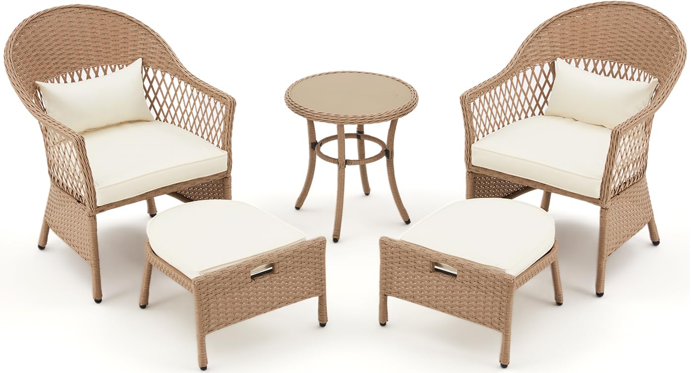 AVAWING 5 Pieces Patio Furniture Set, Outdoor Rattan Chairs with Round Glass Coffee Table, Ottomans & Soft Cushions, Wicker Conversation Bistro Set for Garden, Deck, Balcony, Poolside(Beige) - WoodArtSupply