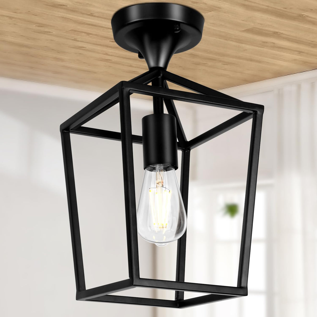 【Upgraded】 Semi Flush Mount Ceiling Light, Black Industrial Ceiling Light Fixtures, Farmhouse Light Fixture for Entryway Porch Hallway Stairway Garage Living Room Dining Room Balcony Lynnoland