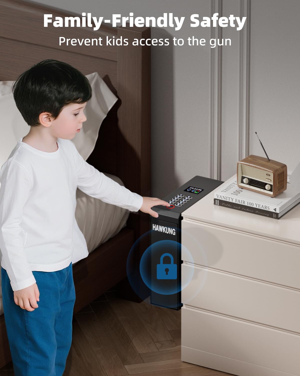 Gun Safe, Slider Biometric Gun Safe for Handgun Mounted Single Bedside Pistol Case with 3 Ways Quick Access Gun Lock Box for Nightstand, Bed, Desk, Wall, Dresser HAWKUNG