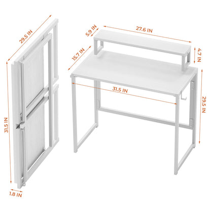 SOROGRA Small Folding Desk 31.5 inch for Small Spaces Foldable Desk with Monitor Shelf, Computer Gaming Table with Led Lights for Home Office Bedroom, Easy Assembly, White - WoodArtSupply