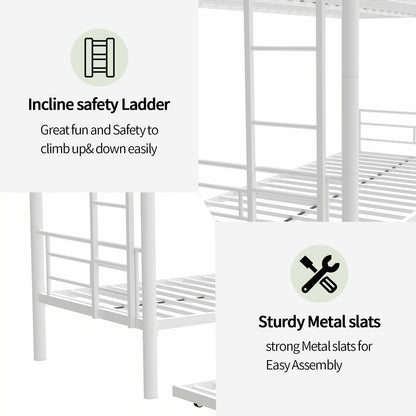 Suheww Twin Over Twin Metal Bunk Bed with Trundle, Heavy-Duty Steel Beds Frame with Side Ladder, Convertible Bunkbed Safety Guardrails,No Box Spring Needed (White)