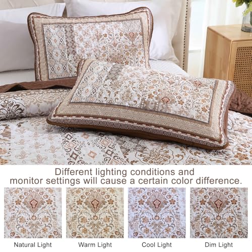 WONGS BEDDING Brown Quilt Set Queen Size,Bobo Floral Bedspread Coverlet Set, 3 Pieces Bohemian Patchwork Floral Pattern Bedspreads Bedding Quilt Set for All Seasons (96"x90") WONGS BEDDING