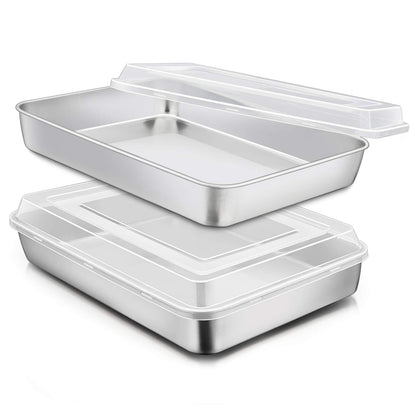 E-far Stainless Steel Baking Pan with Lid, 12⅓ x 9¾ x 2 Inch Rectangle Sheet Cake Pans with Covers Bakeware for Cakes Brownies Casseroles, Non-toxic & Healthy, Heavy Duty & Dishwasher Safe - Set of 2