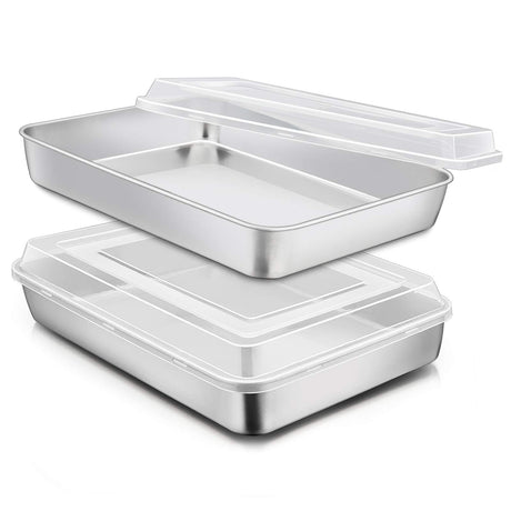 E-far Stainless Steel Baking Pan with Lid, 12⅓ x 9¾ x 2 Inch Rectangle Sheet Cake Pans with Covers Bakeware for Cakes Brownies Casseroles, Non-toxic & Healthy, Heavy Duty & Dishwasher Safe - Set of 2 E-far