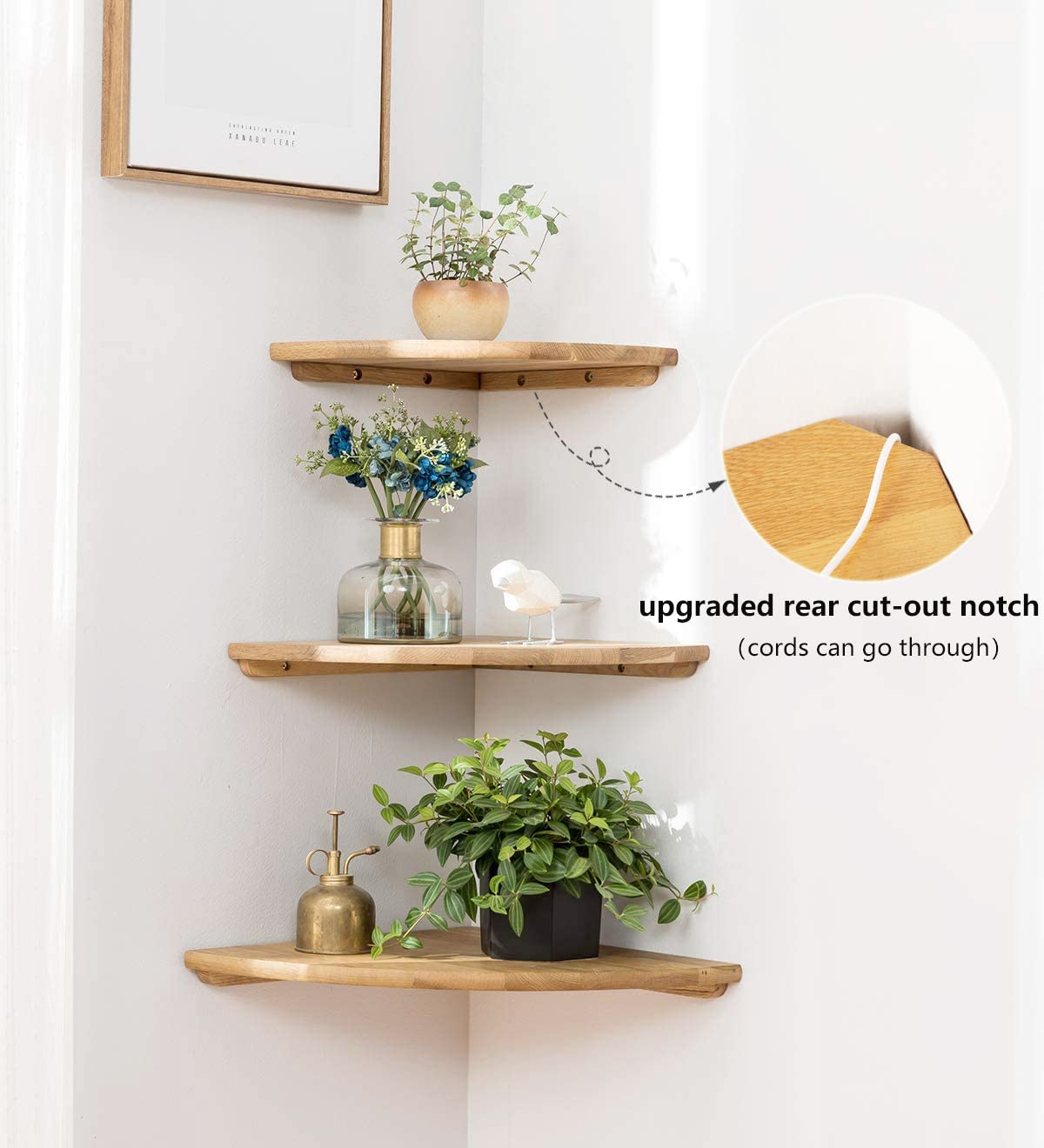 Corner Shelf,16inch Solid Oak Wood Floating Corner Shelf Wall Mount Round End Floating Speaker Shelf with Wire Hole Display Shelf for Small Plant - WoodArtSupply