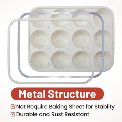 CAKETIME Silicone Muffin Pan, Metal Reinforced Frame Cupcake Pan 12 Cups Regular Size Easy to Move in or Out of Oven Non-Stick (2)