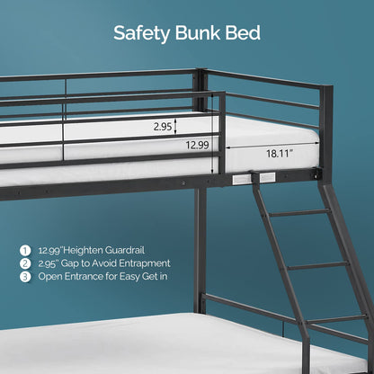 VINGLI Twin Over Full Bunk Bed for Kids/Adults with Stairs Flat Rungs, Heavy Duty Metal Slats, No Box Spring Needed, Black