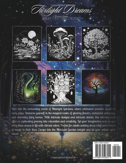 Midnight Garden Adult Coloring Book | Twilight Dreams |: Magical Black Background Coloring Pages Of Whimsical Enchanted Calming Beautiful Glowing ... Fantasy Tree houses in a Relaxing Landscapes