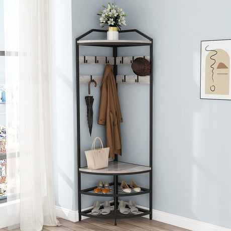 GiftGo Grey Corner Hall Tree with Shoe Bench Entryway Coat Rack with 10 Metal Movable Hooks Rustic Farmhouse Floorstanding Clothes Rack Shoes Shelf Organizer for Home Office Bedroom (Greige) GiftGo