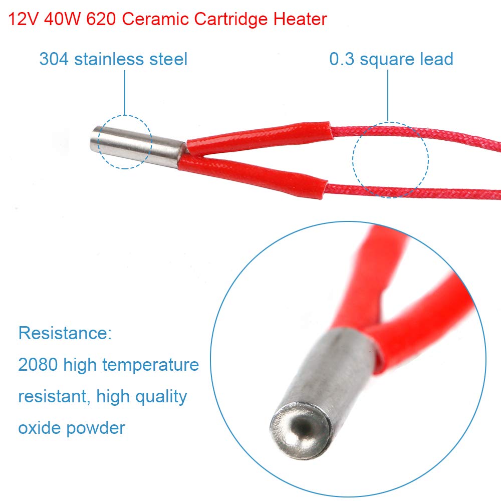 MakerHawk 5pcs Aluminum Heater Block for MK7 / MK8 3D Printer and 5pcs NTC 3950 100K Thermistor with 1 Meter Wiring and 5pcs 12V 40W 620 Ceramic Cartridge Heater for 3D Printer - WoodArtSupply