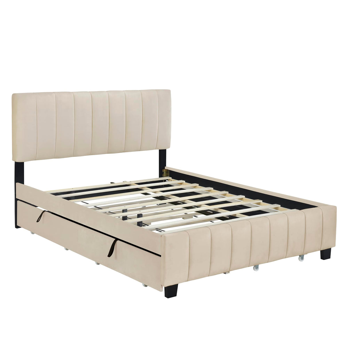 Queen Bed Frame with Trundle Bed,Velvet Upholstered Platform Bed Frame with Storage Drawers,Queen Size Trundle Bed with Headboard for Kids Teens Adults,Beige Bellemave