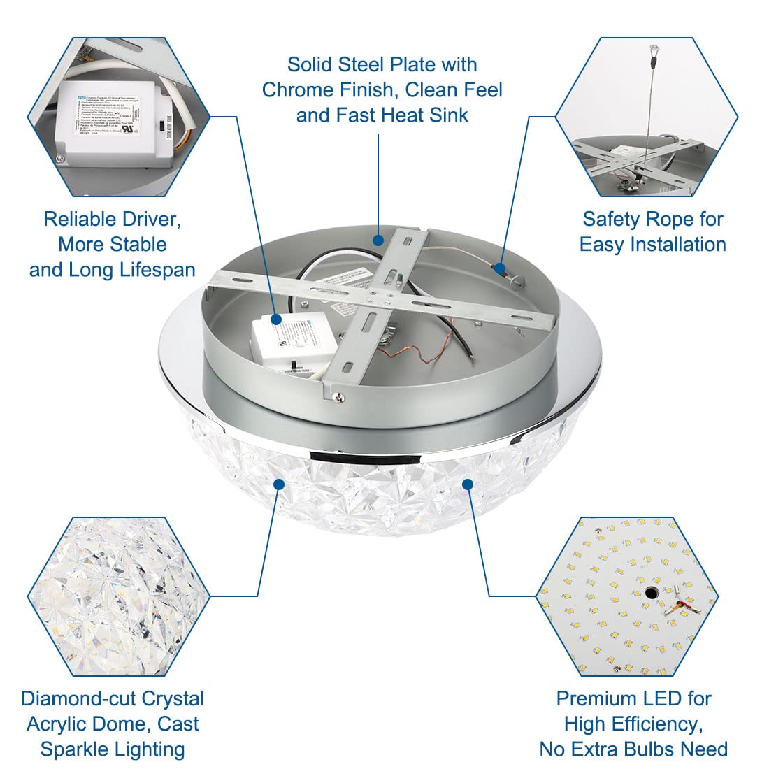 DAKASON LED Ceiling Light Fixture Flush Mount, Crystal Chandelier Modern Ceiling Light for Kitchen, Hallway, Living Room, Foyer, Closet, 12In 15W 1640LM, 3/4/5000K CCT Selectable, Dimmable DAKASON