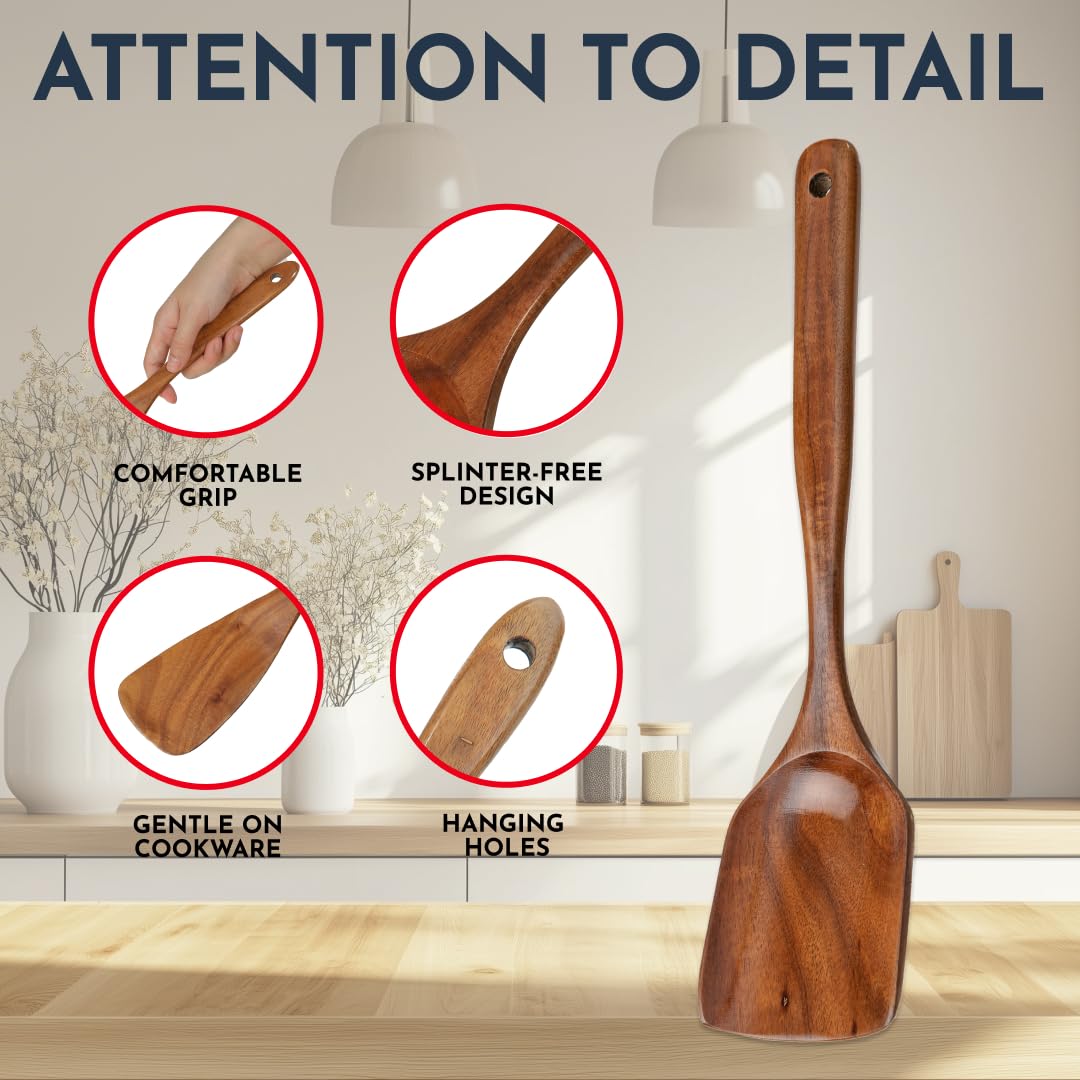 Teak Wooden Utensil Set 6-Piece - Smooth Finish Bamboo Wooden Spoons for Cooking Comfortable Grip, Non Scratch Premium Teak Wood Kitchen Utensils Set Culinary Couture