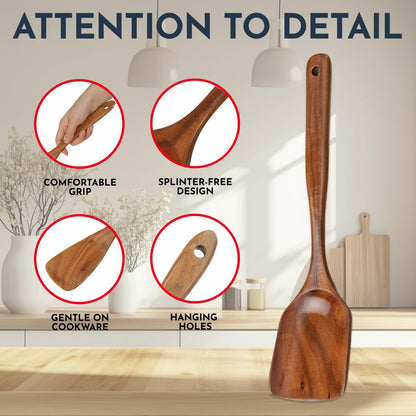 Teak Wooden Utensil Set 6-Piece - Smooth Finish Bamboo Wooden Spoons for Cooking Comfortable Grip, Non Scratch Premium Teak Wood Kitchen Utensils Set