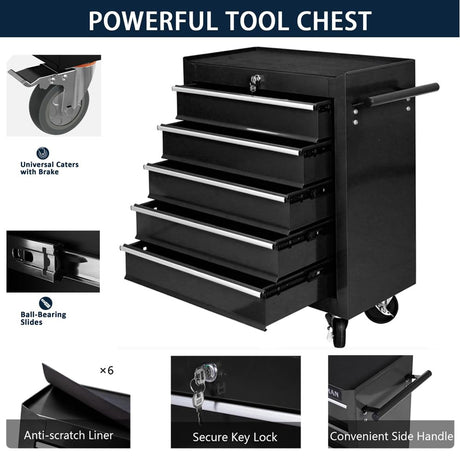 Tool Chest with Wheels,Metal Locking Rolling Tool Box with Tool Organizer Trays for Tool Storage Organizer,Garage,Portable Standing Mechanic Toolbox for Garage (5 Drawer Tool Box Black, 5 Drawer) BouPower