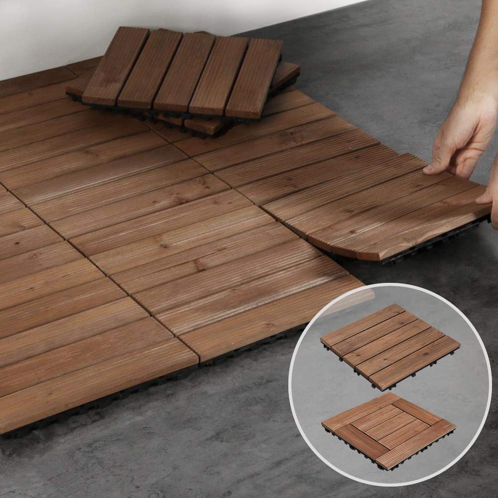 Yaheetech 12 x 12'' Patio Deck Tiles Interlocking Wood Floor Tiles Indoor & Outdoor for Patio Garden Deck Poolside Pack of 11 Tiles Brown